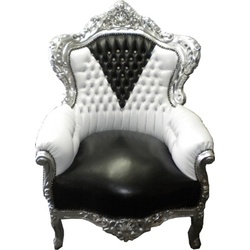 Casa Padrino Barock Sessel King Schwarz / Weiß in Lederoptik Bling Bling - Edel & Prunkvoll