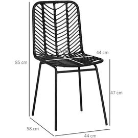 Homcom 2er-Set Esszimmerstuhl Küchenstuhl Wohnzimmerstuhl mit Rückenlehne Essstuhl mit Rattenoptik für Esszimmer Wohnzimmer Stahl Schwarz 44 x 58 x 85