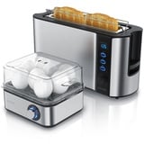 Arendo 2-teiliges Frühstücksset, 2-Scheiben Langschlitztoaster FRUKOST, 8er Eierkocher, Silber