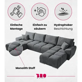 bromarkt Ecksofa NUBES Schlaffunktion Bettkasten U-Form 372x184x85cm Grau - Grau