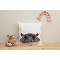 Dekokissen QUEENCE "Flußpferd", weiß (weiß, bedruckt), B:40cm H:1cm L:40cm, Polyester, Dekokissen_Sitzkissen_Kissenhüllen, Kissenhülle mit HD Premium Druck, geruchsneutral, 40x40cm