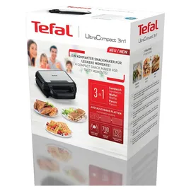 Tefal UltraCompact 3-in-1 Sandwich-Waffel-Panini Kombigerät, Antihaftbeschichtung, wärmeisolierter Griff, Edelstahl/Schwarz, SW383D10