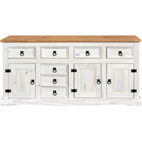 Möbilia Sideboard Kiefer massiv weiß lackiert, honigfarbige Deckplatte, 3 Türen, 7 Schubladen,