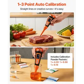 Vevor pH-Meter für Lebensmittel, Messbereich 0–14, Wasserdichte Sonde (IP68), Messgerät mit Automatischer Temperaturkompensation, Kalibrierpulver, für Lebensmittelfermentation, Teig & Fleisch