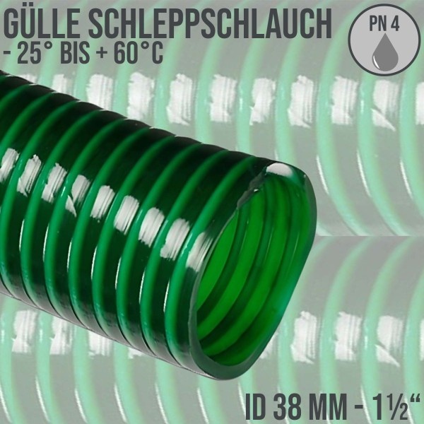 38 mm 1 1/2" Zoll Schlepp Gülle Saug Ansaug Spiral Förder Pumpen PVC Schlauch grün PN 4 bar