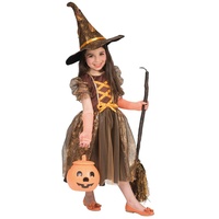 Funny Fashion Hexen Kostüm Autumn für Mädchen - Braun Orange | Glitzer Kinderkostüm Hexenhut 128
