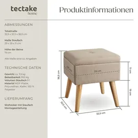Tectake Sitzhocker Elva gepolstert in Leinenoptik 33 x 37 x 33 cm Beige