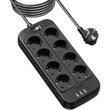 JSVER Steckdosenleiste Überspannungsschutz 8 Fach mit 4 USB Ladeanschlüsse, Mehrfachsteckdose mit USB C, Wandmontage(3680W) Steckerleiste mit 5M Kabel für Smartphones, Laptop-Schwarz