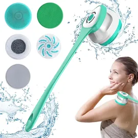 leikurvo Elektrische Körperbürste Badebürste Rückenbürste Mit 5 AufsäTzen: Rückenbürste mit Langem Stiel IP67 Wasserdicht 3 Geschwindigkeit Spin Reinigung Bürste für Spa Dusche Peeling Massagebürste (Grün)