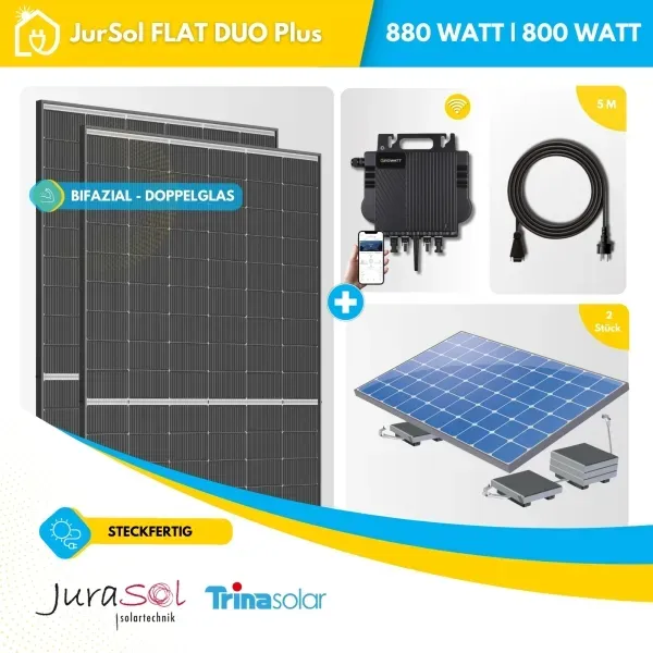 Balkonkraftwerk für Flachdächer Growatt - 880 Watt 800 Watt - Bifazial Doppelglas - JurSol FLAT DUO Plus 880 Watt