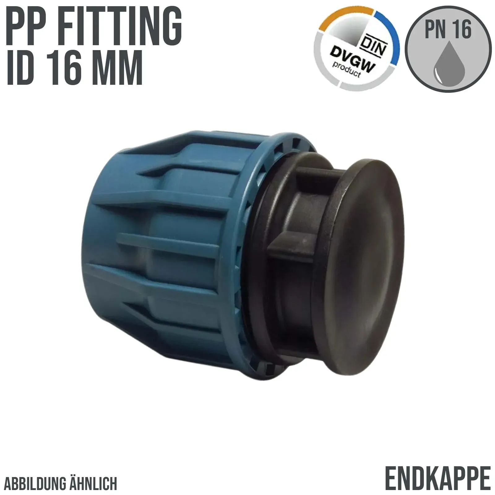 16 mm PE PP Fitting Klemm Verbinder Kappe Endkappe Endstück Muffe Verbinder DVGW...