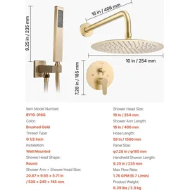 Vevor Duscharmatur Regenduschsystem 254 mm gebürstetes Gold