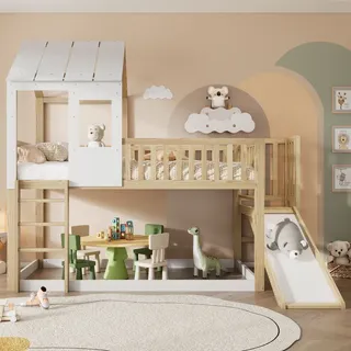 Flieks Etagenbett 90x200cm mit Lattenrost, Kinderbett mit Rutsche und Leiter, Hausbett mit Rausfallschutz, Einzelbett Massivholzbett - Naturbelassen/Weiß