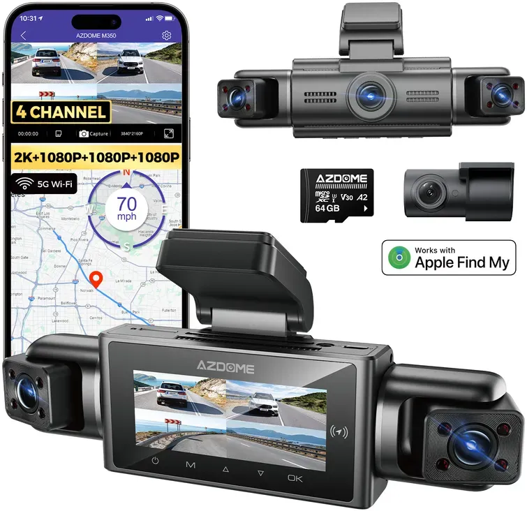 [World FIRST Apple Find My Dashcam] AZDOME NEUE M350, 4-Kanal 5G-WLAN GPS App Sprachsteuerung Dashcam, kann lokalisiert und verfolgt werden