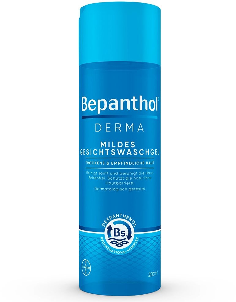 Bepanthol® Derma Mildes Gesichtswaschgel, mildes Gesichtswaschgel für empfindliche und trockene Haut, dermatologisch getesteter Feuchtigkeitsspender mit Dexpanthenol