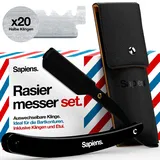 Sapiens Barbershop Rasiermesser Herren - Bart Rasierer + 20 Derby Halbe Rasierklingen + Tragetasche - Barber Rasierer mit Wechselklinge - Straight Razor Schwarze Edition