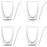BEM 8-er Gläser Set: 4 x Doppelwandige Matcha Latte Macchiato Frappe Kaffeegläser, für heiße und kalte Getränke (je 440 ml) und 4 x Glasstrohhalme