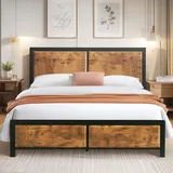 VECELO Bettgestell 140 x 200 cm, Metallbett mit Dick Holzkopfteil und Lattenrost, Doppelbett mit Stauraum unter dem Bett, perfekt für Schlafzimmer, Braun