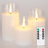 Homemory Weiß Glas Flammenlose Kerzen, Batteriebetriebene LED Stumpenkerzen mit Fernbedienung und Timer, Elektrische Kerzen, Echtes Wachs, 3er-Set