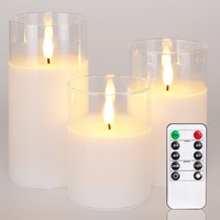 Homemory Weiß Glas Flammenlose Kerzen, Batteriebetriebene LED Stumpenkerzen mit Fernbedienung und Timer, Elektrische Kerzen, Echtes Wachs, 3er-Set
