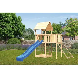 Karibu Spielturm Lotti mit Anbauplattform Netzrampe Rutsche Blau