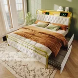 Polsterbett 140×200cm Doppelbett (Mit Matratze) Weiß Samt Metallbett Mit aufladen USB Typ C Ladefunktion APP-Kontroll LED und 4 Schubladen - Weiß
