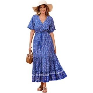 R.Vivimos Damen Sommer Boho V-Ausschnitt Button Up Kurzarm böhmischen Print Rüsche Rand Strand Stil Lange Maxi Kleid Berufungskleid (Blau, M) - M