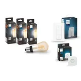 Philips Hue White Ambiance E27 Edison ST64 Filament 550lm (3er Pack) + Dimmschalter für kabelloses Dimmen, Weiß + Bridge für mobile Steuerung, einfache Installation, Weiß