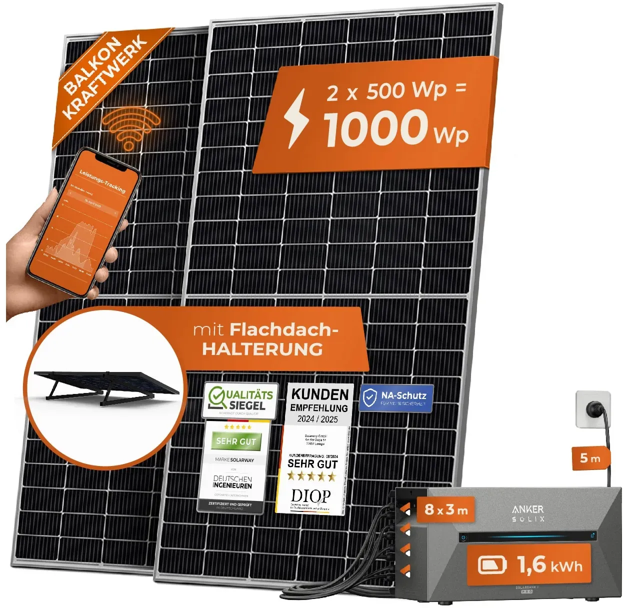 Solarway All In One 1000W Balkonkraftwerk komplett Solarpaket mit 1,6 kWh Anker Solix 2 PRO Speicher, Plug&Play