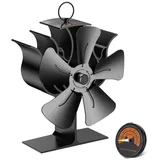 BlingBin Kaminventilator 5/6 Flügel Ofenventilator Ohne Strom Kaminofen Ventilator für Holzofen, Ofenrohr Ventilator Mit Temperaturanzeige für Holz/Holzofen/Kamin schwarz