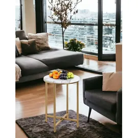 Haku-Möbel HAKU Beistelltisch Weiß, Gold marmoroptik rund X-Form, 39x53x39 cm