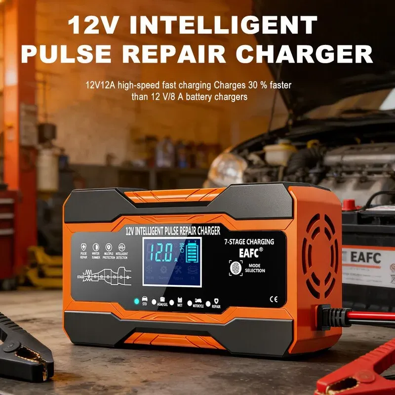 EAFC Autobatterieladegerät 12A 12V 180W vollautomatisches digitales Autobatterieladegerät mit Impulsreparatur und Ausgangskurzschlussschutz für AGM-, GEL-, WET-Blei-Säure-Batterien, LCD-Batteriewartungsgerät, Erhaltungsladung