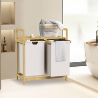 ML-Design Wäschekorb aus Bambus, Weiß, Wäschebox mit 2 Fächern, Wäschesammler mit 2 ausziehbaren Wäschesäcken 60 L, Wäschetruhe mit Ablage, Wäschesortierer für Badezimmer, Wäschetonne mit Regal