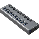 Renkforce RF-6027504 10 Port USB 3.2 Gen 2-Hub einzeln schaltbar, mit Aluminiumgehäuse Silber-Schwarz