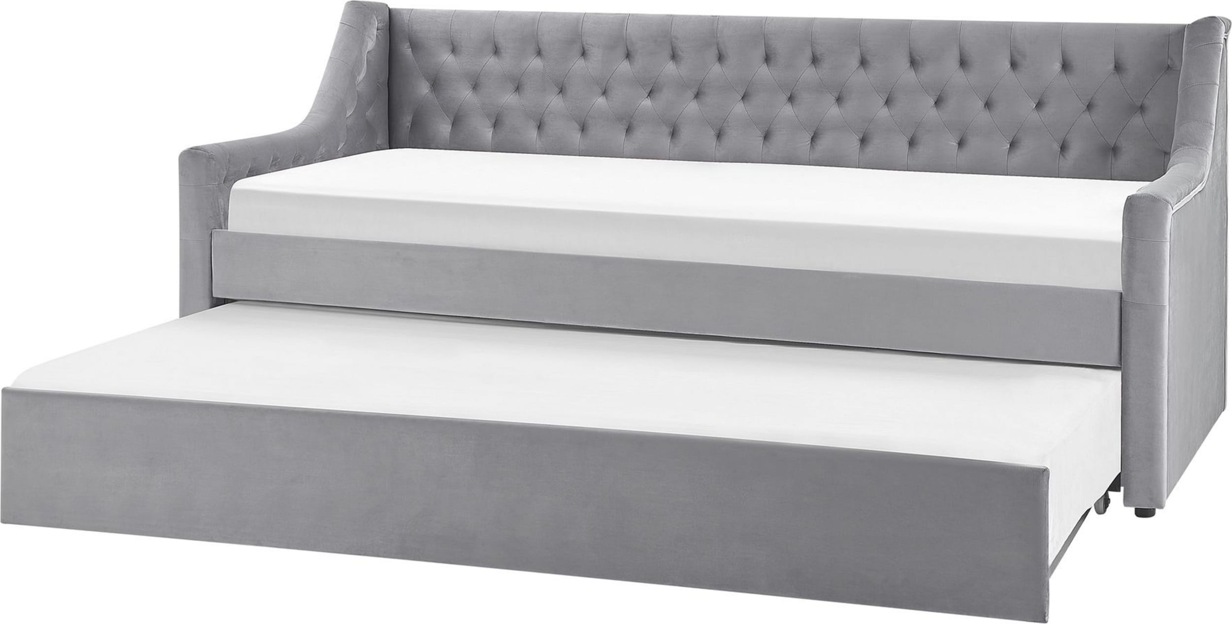 Beliani, Bett, Tagesbett ausziehbar Samtstoff grau Lattenrost 90 x 200 cm MONTARGIS (90 x 200 cm)