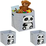 Relaxdays 3 x Aufbewahrungskorb Filz, Panda-Motiv, Filzkorb für Kinder, faltbar, H x B x T: 33 x 34 x 32 cm, Spielzeugkorb, grau