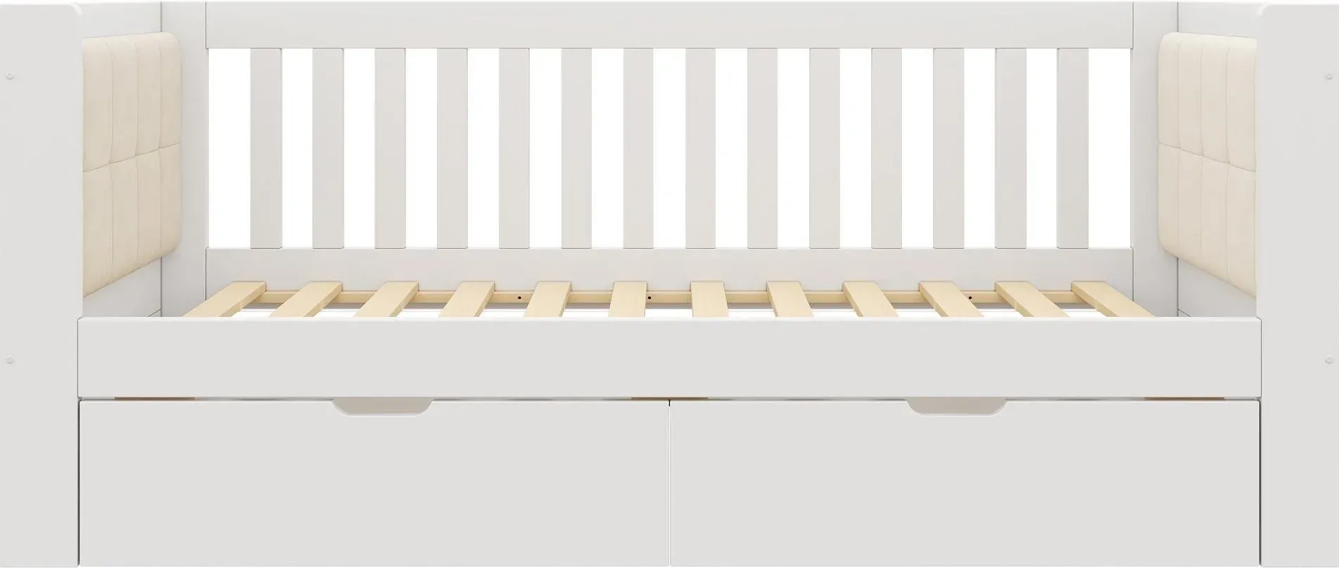 90x200 cm Schlafsofa mit 2 Schubladen, gepolsterten abgerundeten Armlehnen und komfortabler Rückenlehne, 208x95x74 cm, Weiß