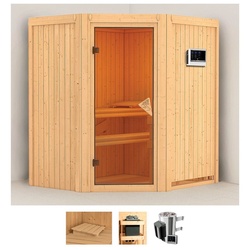 Karibu Sauna Tomke, BxTxH: 170 x 151 x 198 cm, 68 mm, (Set) 3,6-kW-Plug & Play Ofen mit externer Steuerung beige
