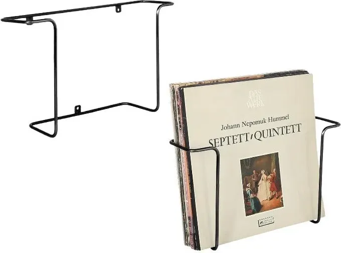 MyGift Moderne Metall-Draht Wandmontierte Vinyl-Schallplatten-Aufbewahrungsregale, Hängende LP-Plattenhalter, Schwebende Album-Cover-Anzeigeregale, Set aus 2 (Schwarz-2 Stück)