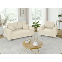 S-Style Möbel Polstergarnitur 2+1 Kristian mit Holzfüßen im skandinavischen Stil aus Chenille-Stoff, (1x 2-Sitzer-Sofa, 1x Sessel), mit Wellenfederung beige