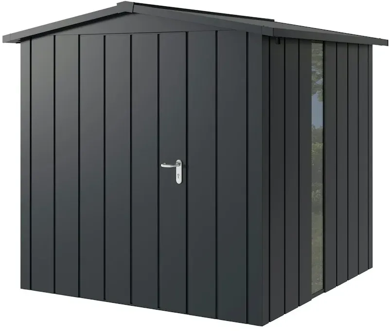 Hörmann Metall-Gerätehaus Juno JSD mit Satteldach B 214 x T 214 cm (JSD 5) mit bodentiefem Glaselement Motiv Modern (mit schmalen Lamellen) Einzeltür Türanschlag links Anthrazitgrau (RAL 7016)