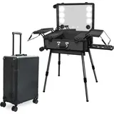 Professioneller Kosmetikkoffer mit beleuchteter Spiegel, Bluetooth, Rolltrolley und Haarstyling-Organizer - Schwarz