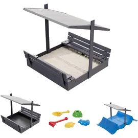 QLS Holz-Sandkasten 120 cm mit Sitzbank und grauem Dach Abdeckung imprägniert 11291 - 122 cm x 118 cm - anthrazit