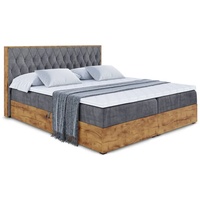 ALTDECOR Boxspringbett LOLLI5 mit Multipocket-Matratze, Kopfteil und Bettkasten mit Eiche Holz - 140x200 - Dunkelgrau Samt