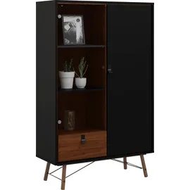 Andas Vitrine ANDAS "Ry Glasvitrine Vitrinenschrank Ausstellung Sammelvitrine", braun (schwarz matt, walnuss), B:101,8cm H:161,8cm T:40,1cm, Spanplatte, Schränke, Vitrine, mit Glastür und einer geschlossenen Tür sowie einer Schublade