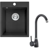 Manestein Granitspüle Küchenspüle 39x48 Einbauspüle Spülbecken mit Armatur und Zubehör - 39 cm X 48 cm X 48 cm - Graphit - Schwarz Gesprenkelt