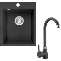 Manestein Granitspüle Küchenspüle 39x48 Einbauspüle Spülbecken mit Armatur und Zubehör - 39 cm X 48 cm X 48 cm - Graphit - Schwarz Gesprenkelt