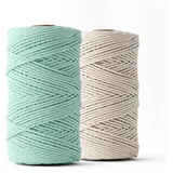 LEDENT Makramee Garn (3mm, 2 x 120M, Set 2 Farben, Aqua & Ecru) - Doppelt gedrehtes Seil aus 100% Recycelter Baumwolle zum Basteln - Dickes Makramee Garn für kreative Projekte