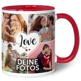GRAVURZEILE Tasse mit dem Spruch Love zum selbst gestalten mit Foto Collage für acht eigene Fotos - Fototasse personalisiert - Persönliches Geschenk für Paare Freundinnen und Familie Farbe Rot