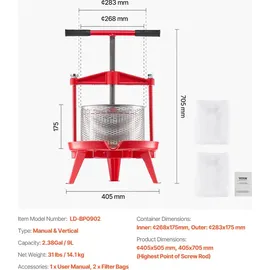 Vevor Obstweinpresse Obstmühle Apfelmühle (9 L), Edelstahlkorb mit dreieckiger Struktur, manueller Entsafter, manuelles Mahlwerk, Apfelweinpresse Traubenpresse mit T-Griff für Küche Zuhause